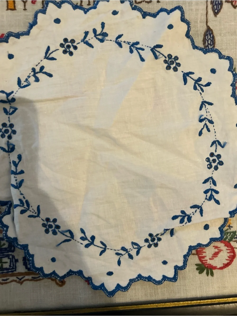 White Round Embroidered Linen Doily with Blue Floral Trim
